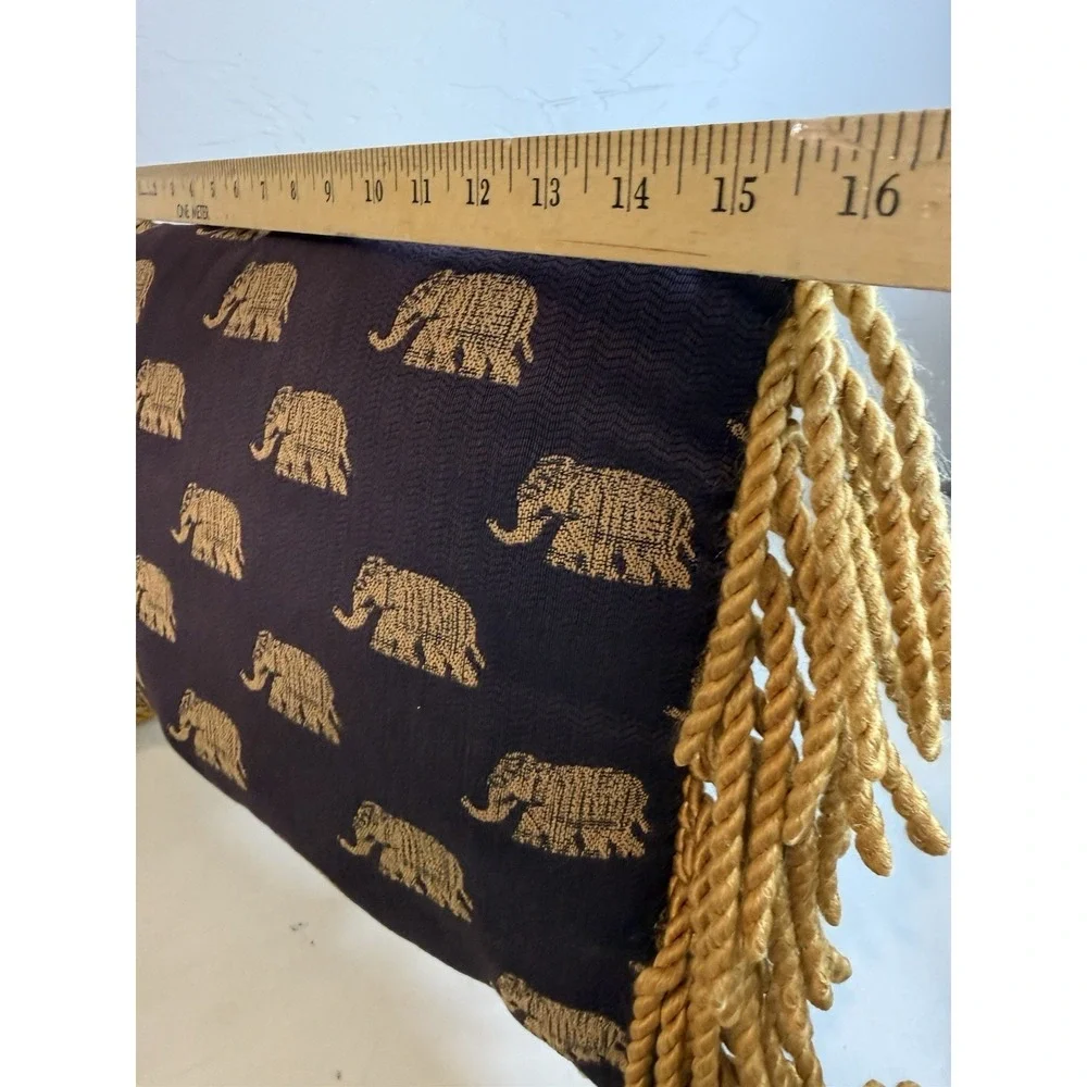 Boho Woven Brocade Elephant Throw Pillow Gold Fringe Purple Decorative Cushion